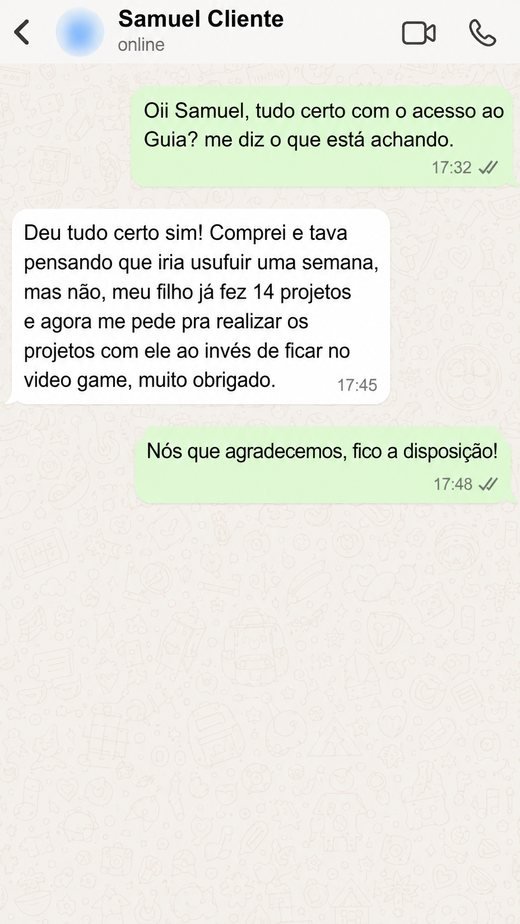 Print de conversa no WhatsApp com Samuel: ele agradece porque o filho já fez 14 projetos e agora pede pra montar em vez de jogar videogame