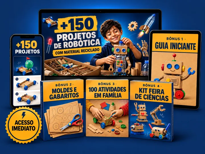 Guia +150 Projetos de Robótica com Material Reciclado no computador, celular e tablet, com os 4 bônus